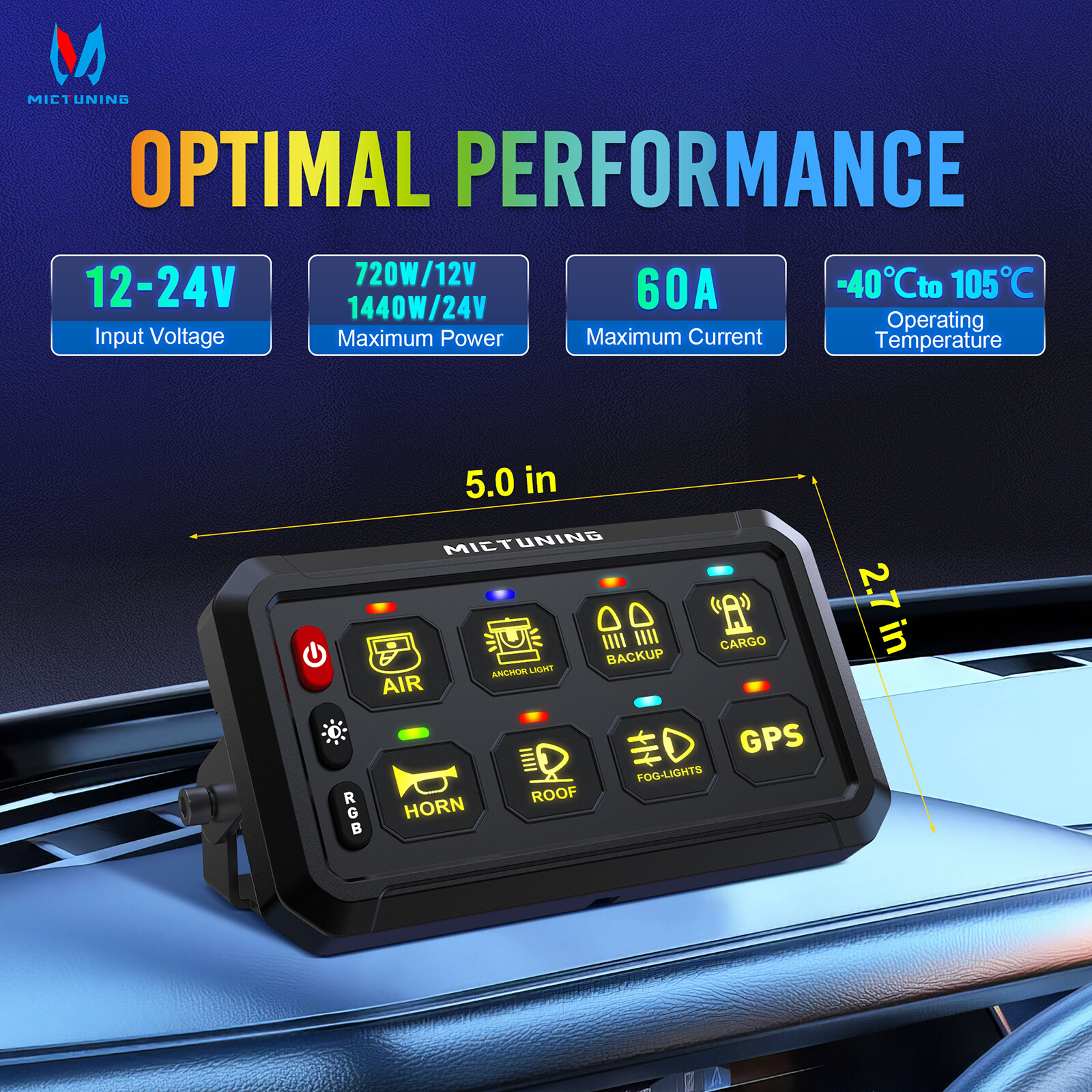 MICTUNING 8 Gang RGB LED Switch Panel Multifunction Circuit Control Relay System