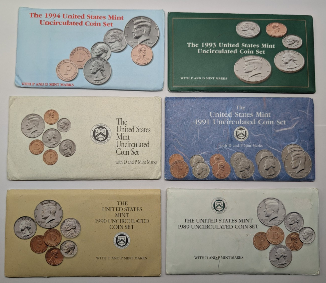 1989-1994 Lot of 6 U.S. Mint P&D Uncirculated 10-coin Sets OGP & COA