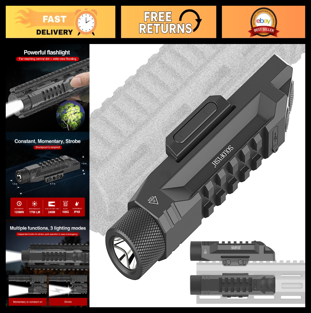 1750 Lumens Tactical Flashlight - Picatinny/MLok Weapon Light with Strobe & Mome