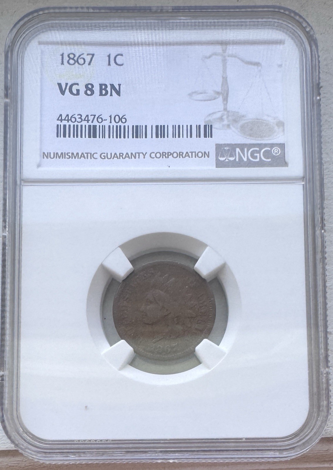 1867 Indian Head Cent  NGC VG 8 BN