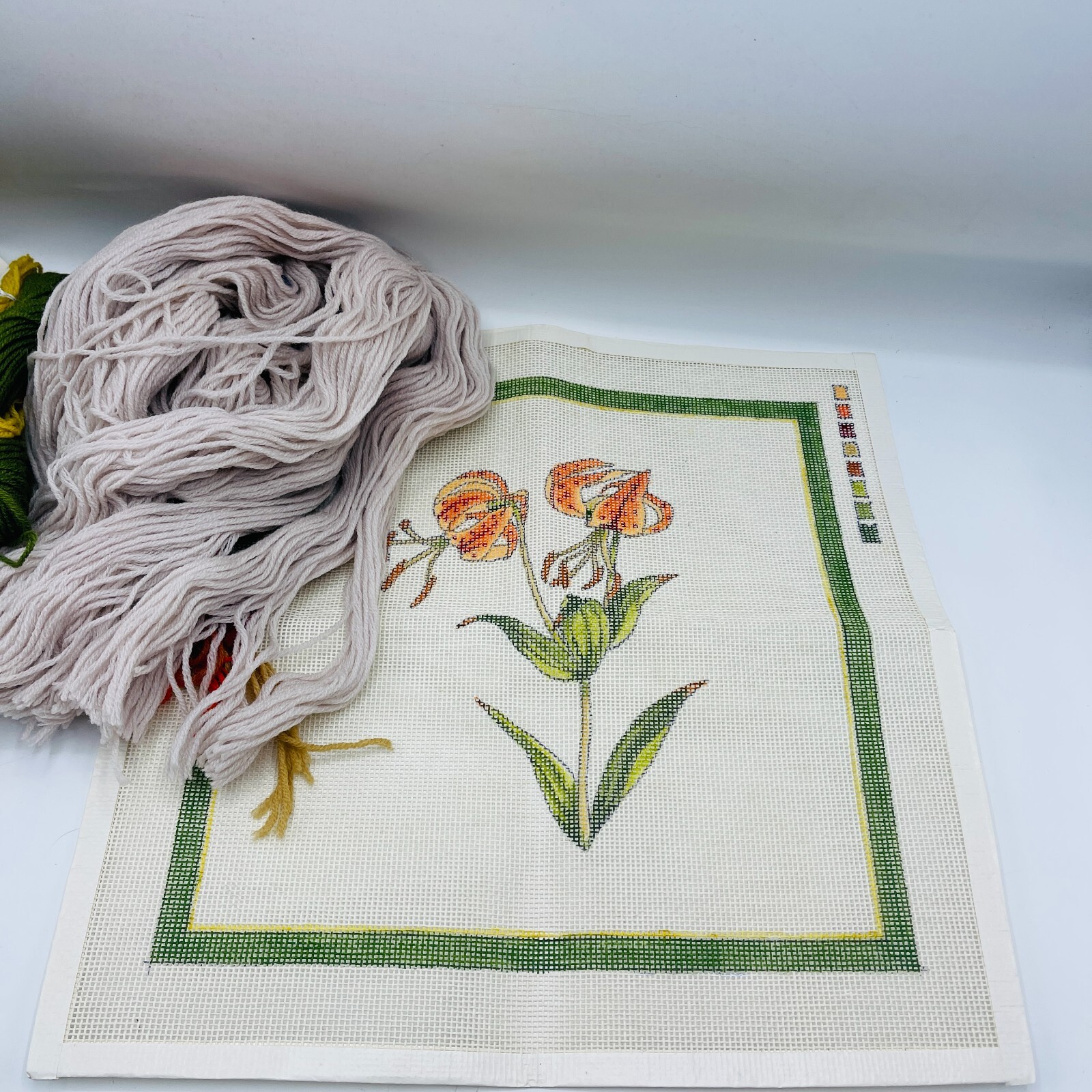 Vintage 1982 Hand Painted Nantucket Needleworks Tiger Lily 12x12 With Yarn