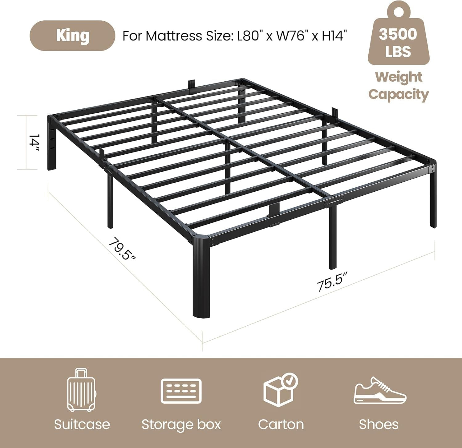 Metal Bed Frame King Size, 14 Inch 3500 lbs Heavy Duty Platform Bed Frames Steel