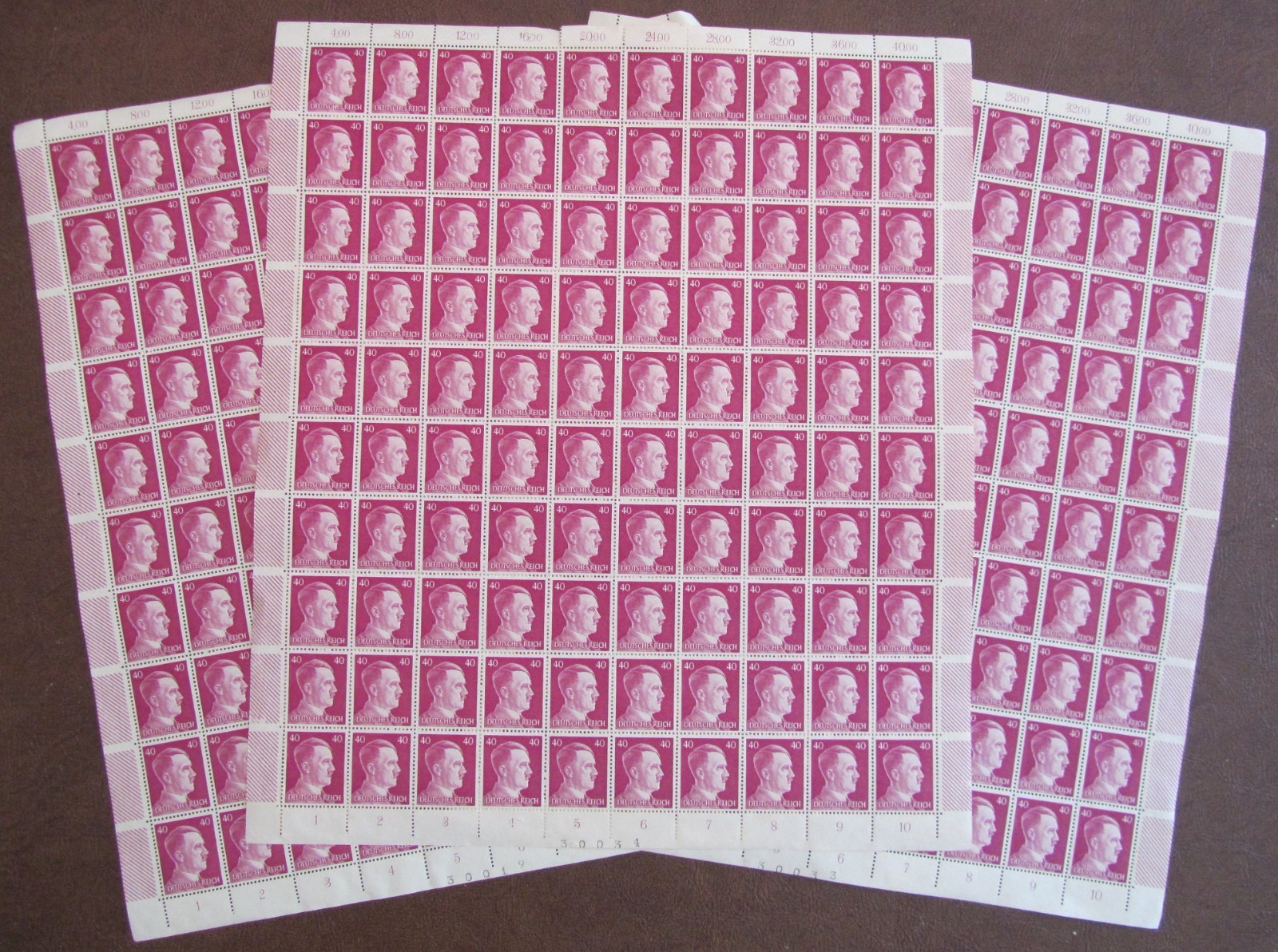 Deutsches 3rd Reich German Hitler 3 Full Sheets Stamps Hitler Head 40PF