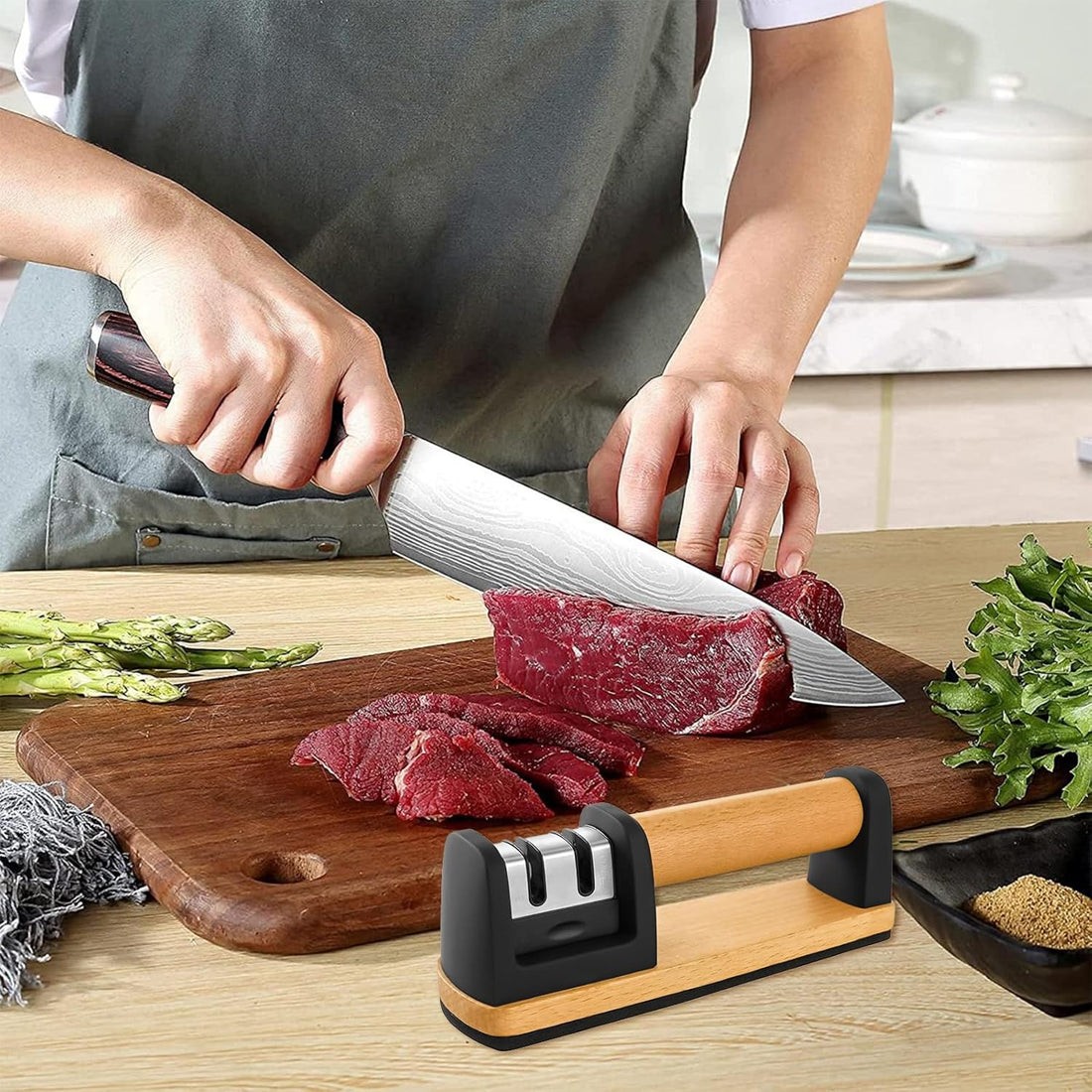 Two-Stage Knife Sharpener with Wooden Handle