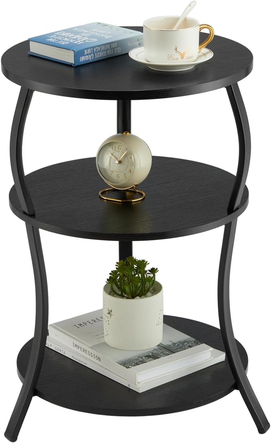 Round Side Table 3-Tier End Table W/ Storage Shelf Narrow & Small Spaces Round
