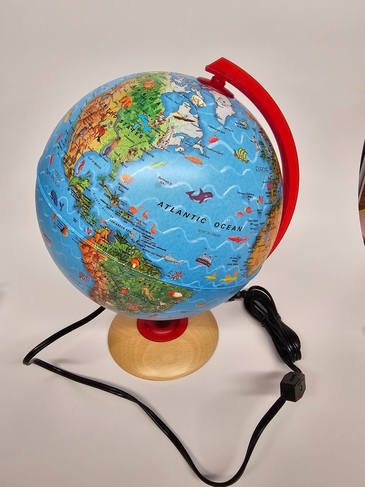 Illuminated Tabletop Globe with Color-Coded Topography and Sturdy Wooden Base