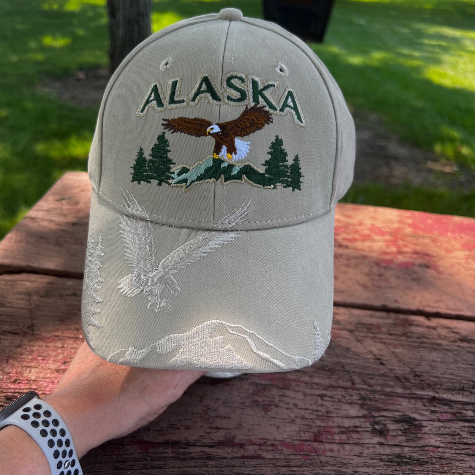 Alaska Tan Hat Cap  w Amazing Colorful & White Embroidery,  Eagles Mts,Trees EUC