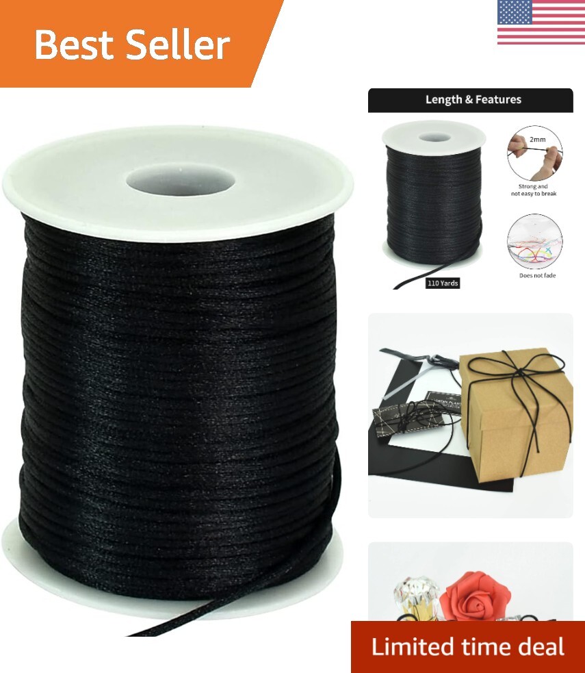 2mm Nylon Cord Satin String for Bracelet Jewelry Making - 110 Yards - Black