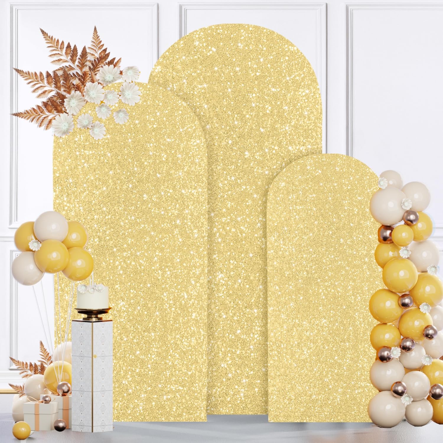 Modfuns 4Ft 5Ft 6Ft Sequin Arch Cover Gold Wedding Arch Cover Set 3 Metallic