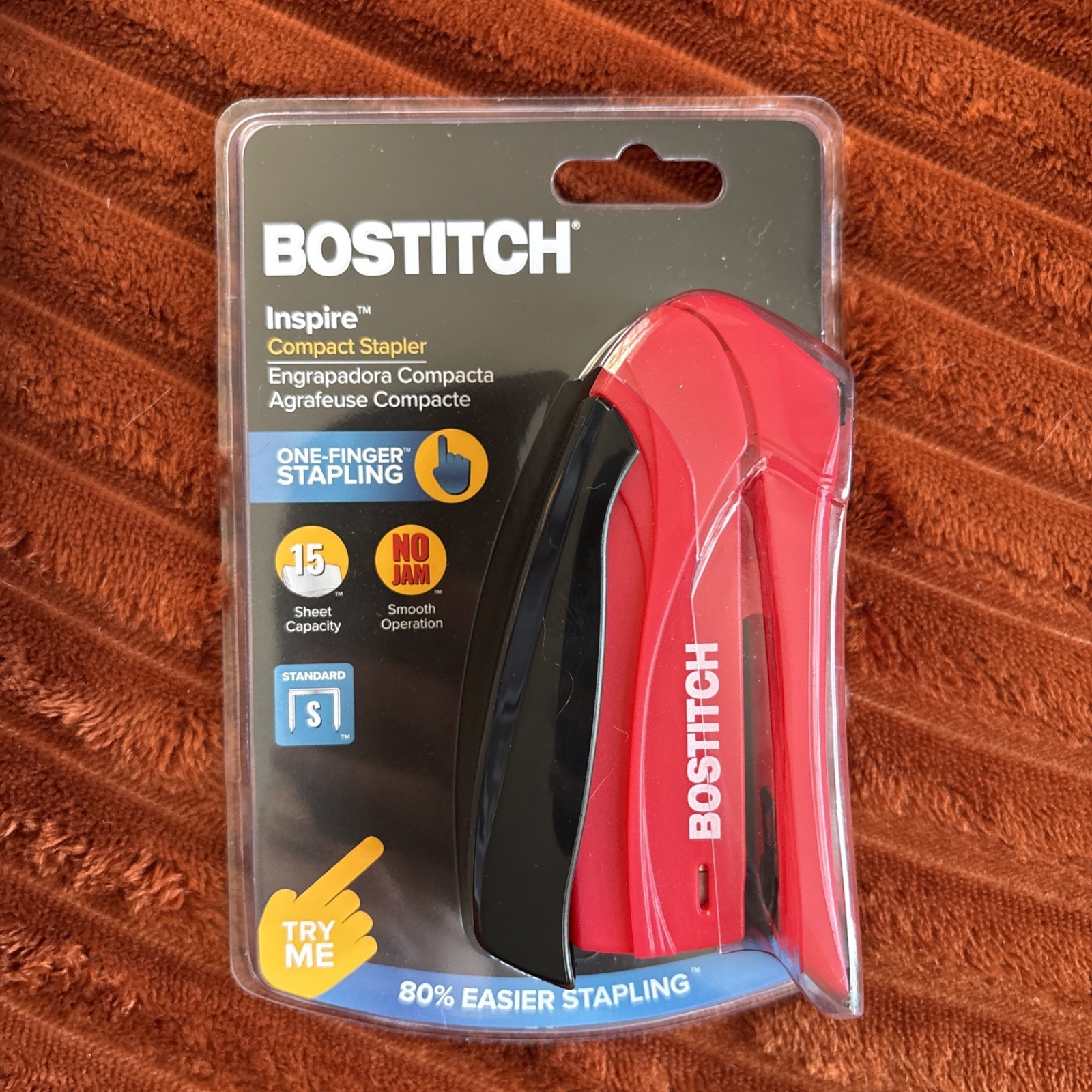 Brand New Bostitch Inspire Compact Stapler, 15 Sheets (Red) - One Finger - #1491