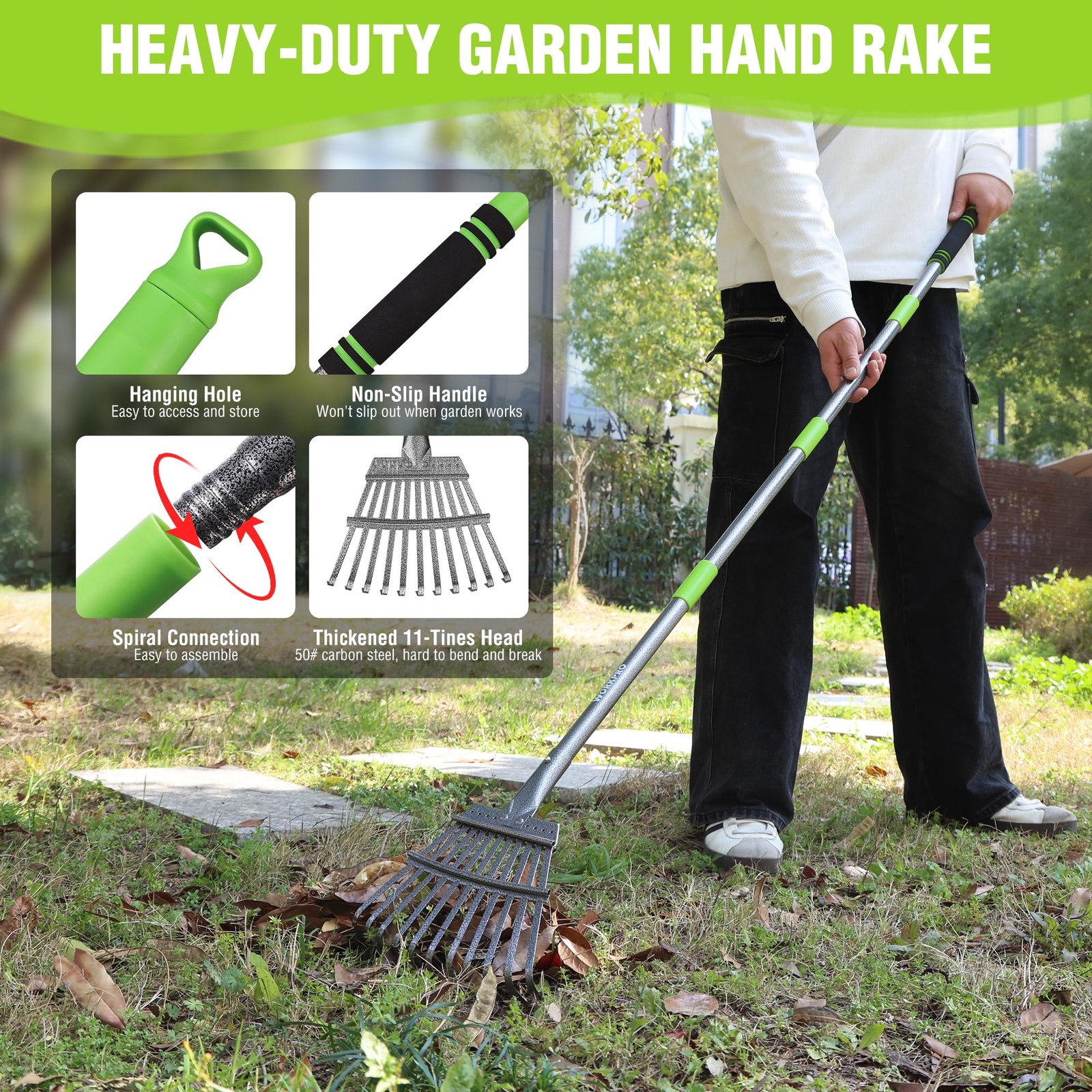 WORKPRO Rake, Small Rake for Leaves with 72” Adjustable Long Green & Black