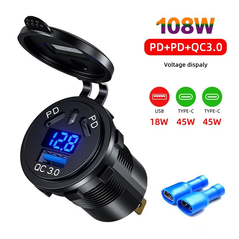 Dual USB C Charger Socket PD 45W Type C QC3.0 Fast Charging For Cars Motorcycle