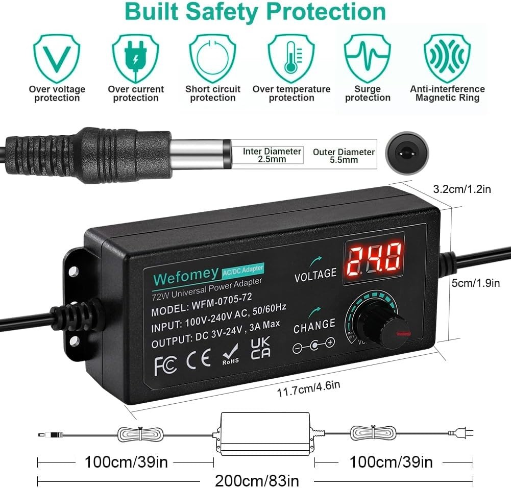 Universal Power Supply 3V~24V 3A 72W Adjustable Variable AC/DC Adapter Charger