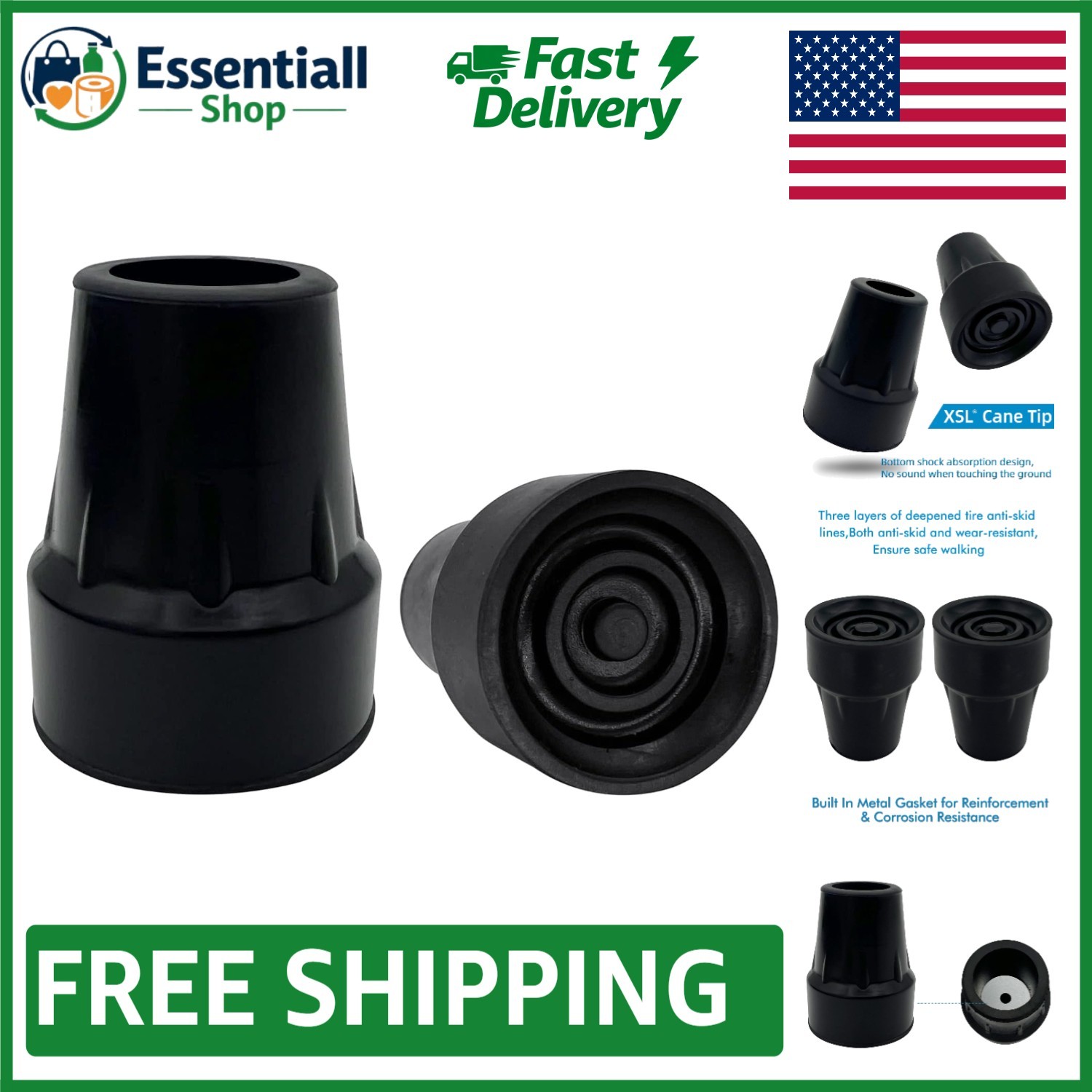 Versatile 7/8 Inch Skid-Resistant Cane Tips - Essential Mobility Aid Pack of 2
