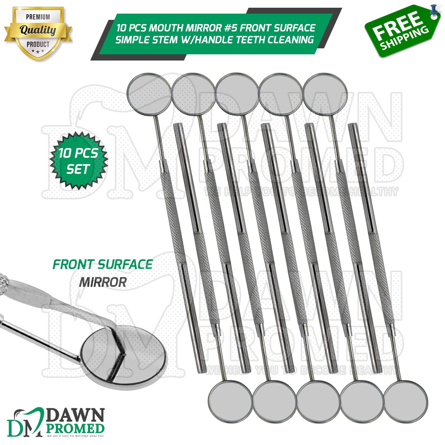 10 Pcs Dental Mouth Mirror #5 Front Surface Simple Stem W/Handle Teeth Cleaning