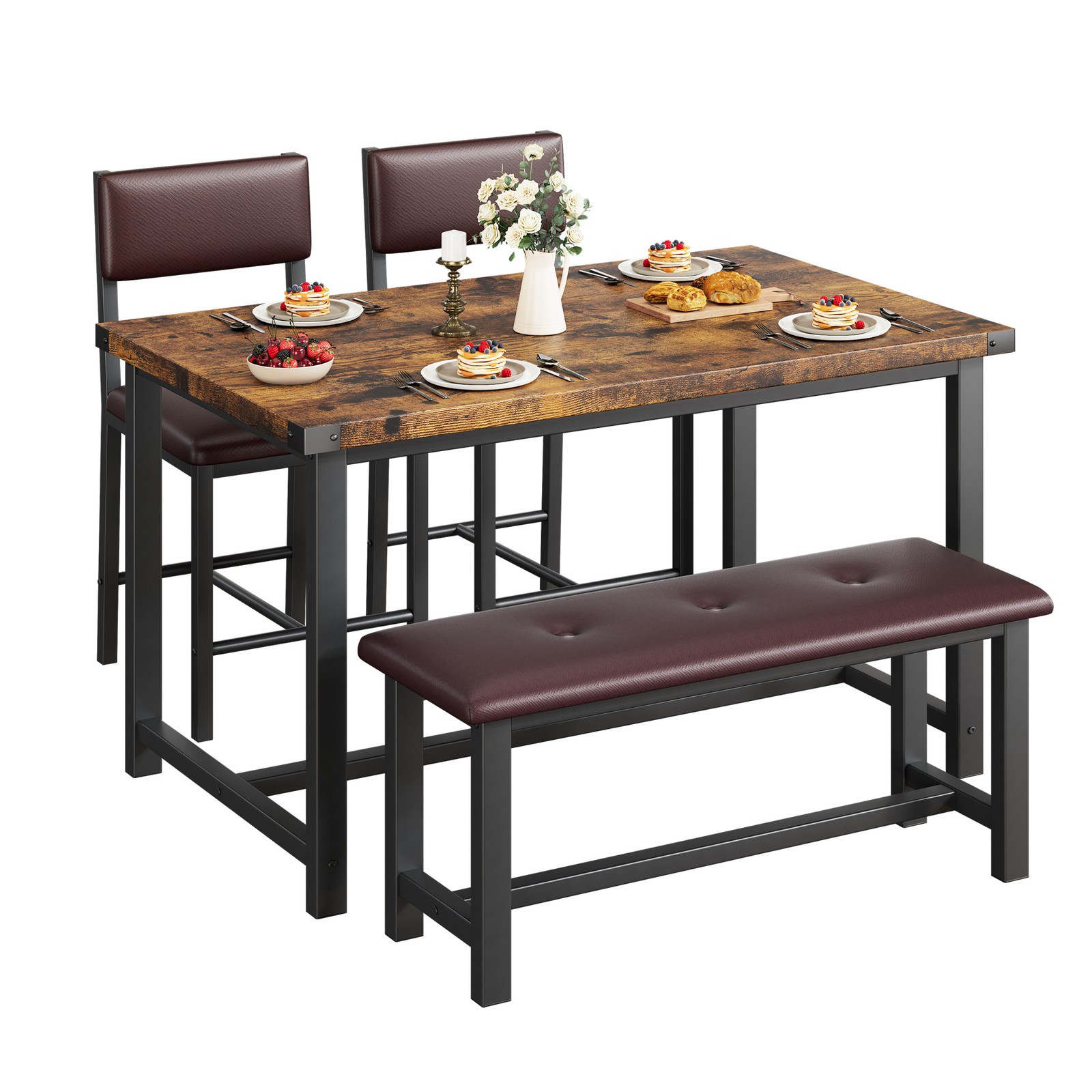 Wooden Dining Table Set for 4, Kitchen Table and 2 Upholstered Chairs with Bench