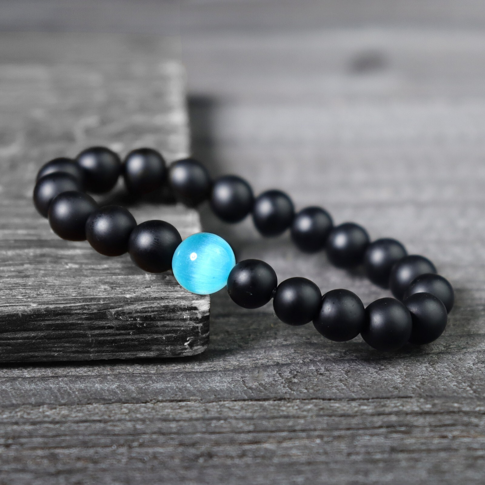 8mm Black Onyx Blue Cat Eye Beaded Crystal Healing Reiki Protection Bracelet