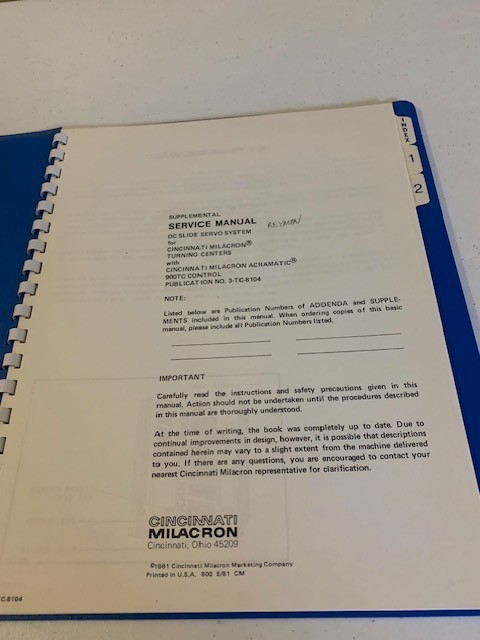 Cincinnati Milacron Supplemental Service manual DC Slide Servo Systems
