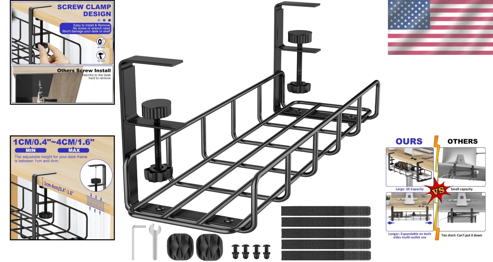 Elegant Under Desk Cable Management Tray - 15.7'' No Drill, Durable Steel Design