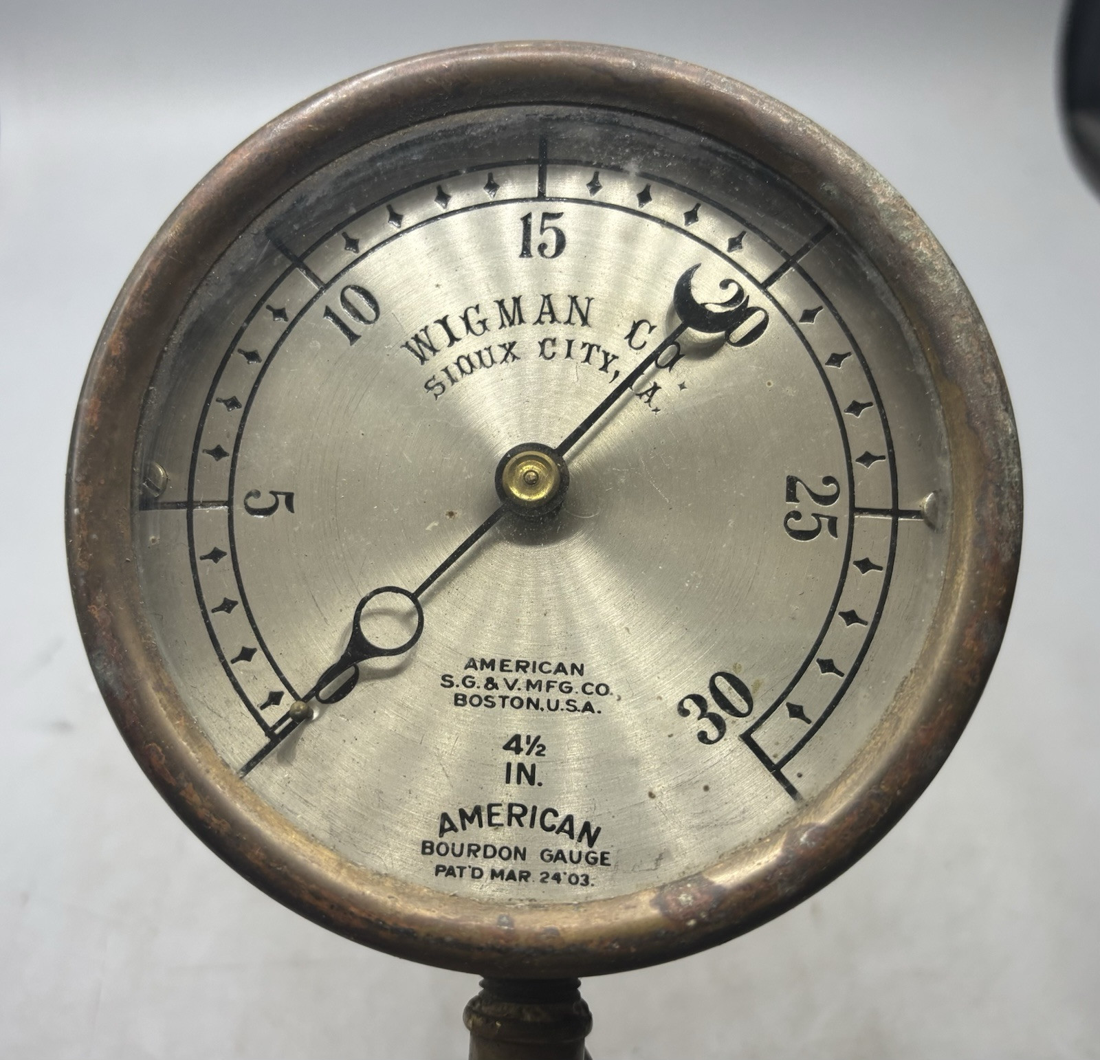 Antique Wigman Sioux City IA 4 1/2" American Bourdon Steam Gauge SG & V Boston
