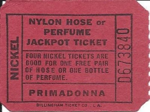 Club Primadonna - Reno, NV - Vintage Nylon Hose or Perfume Jackpot Ticket, D-S/N