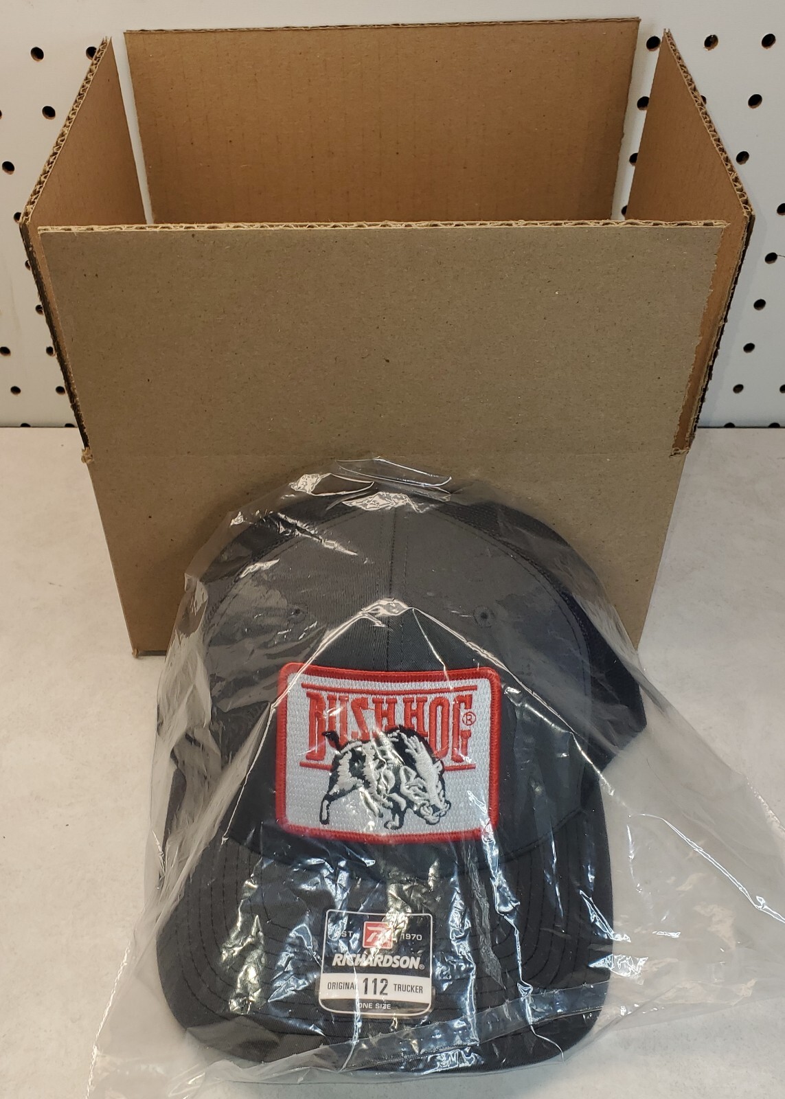 Bush Hog Patch on Richardson 112 Trucker Hat Snapback Charcoal/Black