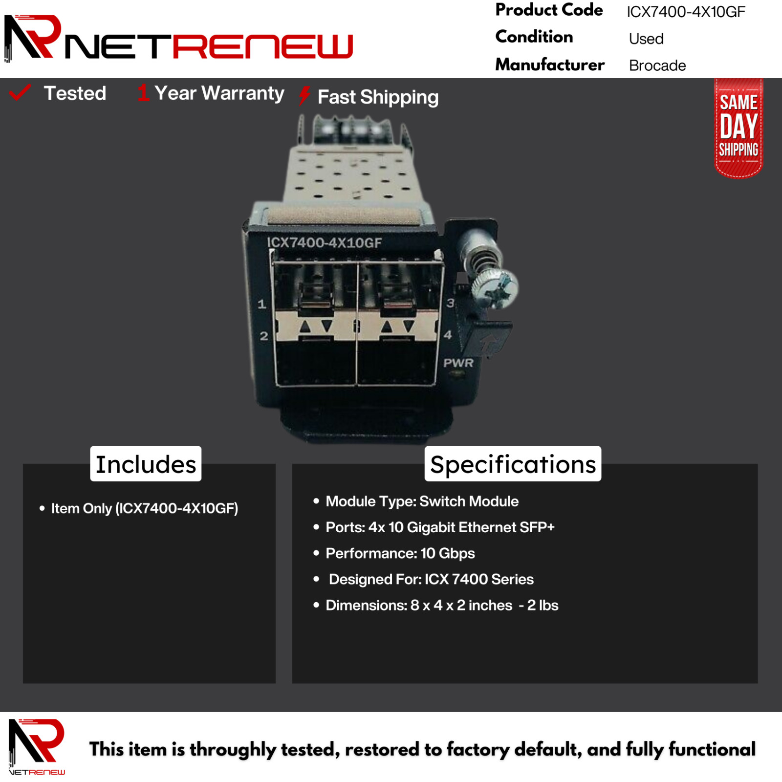 Ruckus ICX7400-4X10GF 4-Port 10GbE SFP+ Module for ICX 7450 Series Switches
