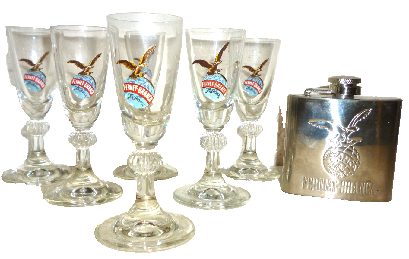 5 Fernet Branca Vintage Stemmed Shot Glasses & 1 Flask