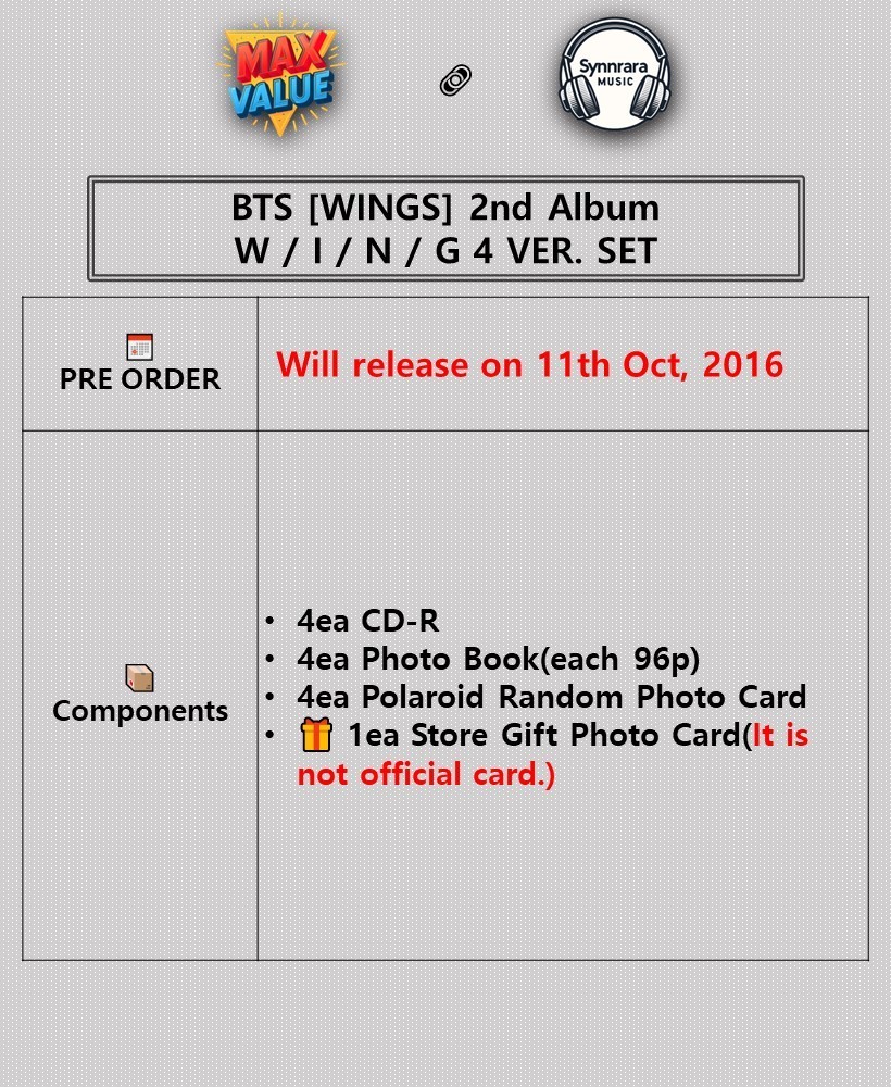 BTS [WINGS] 2nd Album 4 Ver SET/4 CD+4 Photo Book+4 Polaroid Card+GIFT OFFICIAL
