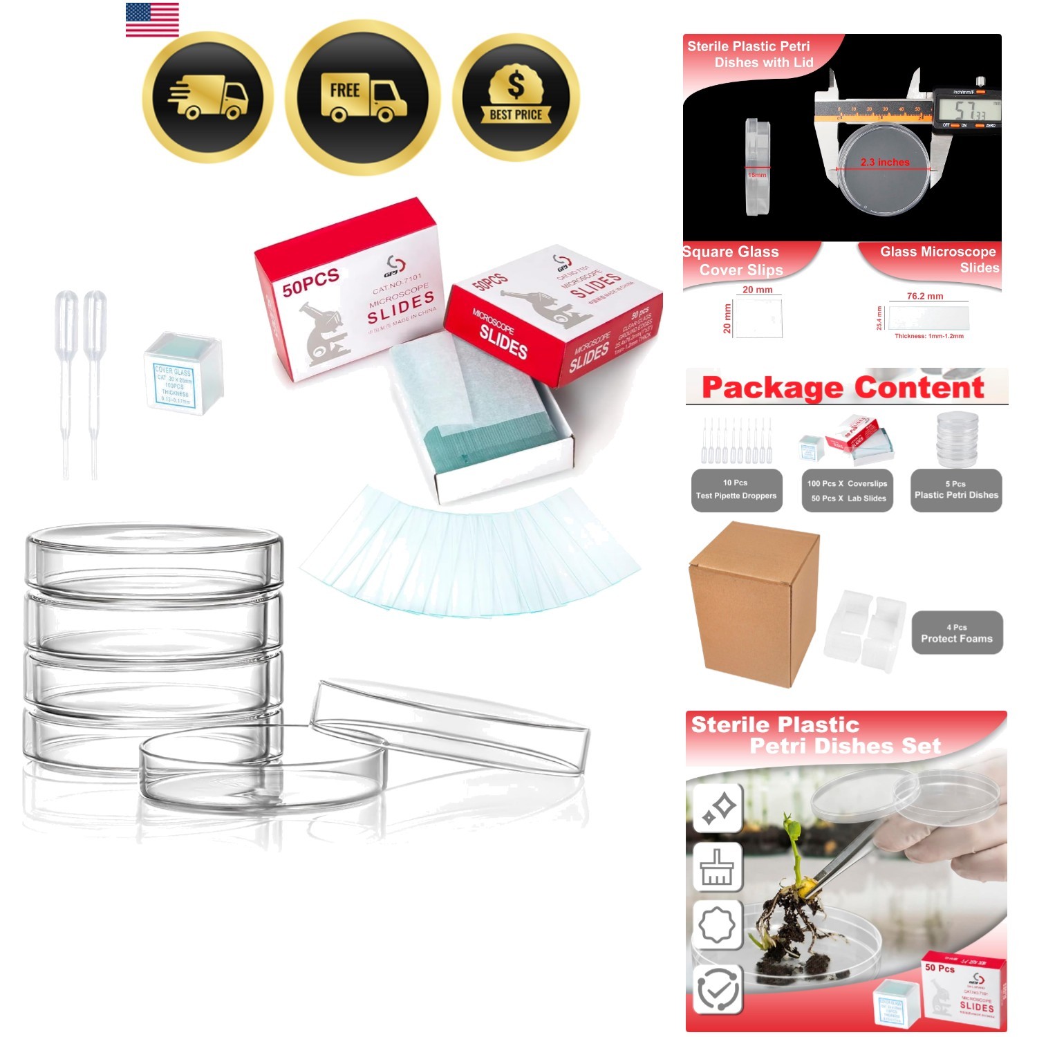 Sterile Plastic Petri Dishes Set, 50 Pcs Blank Microscope Slides, 100 Pcs 20x...