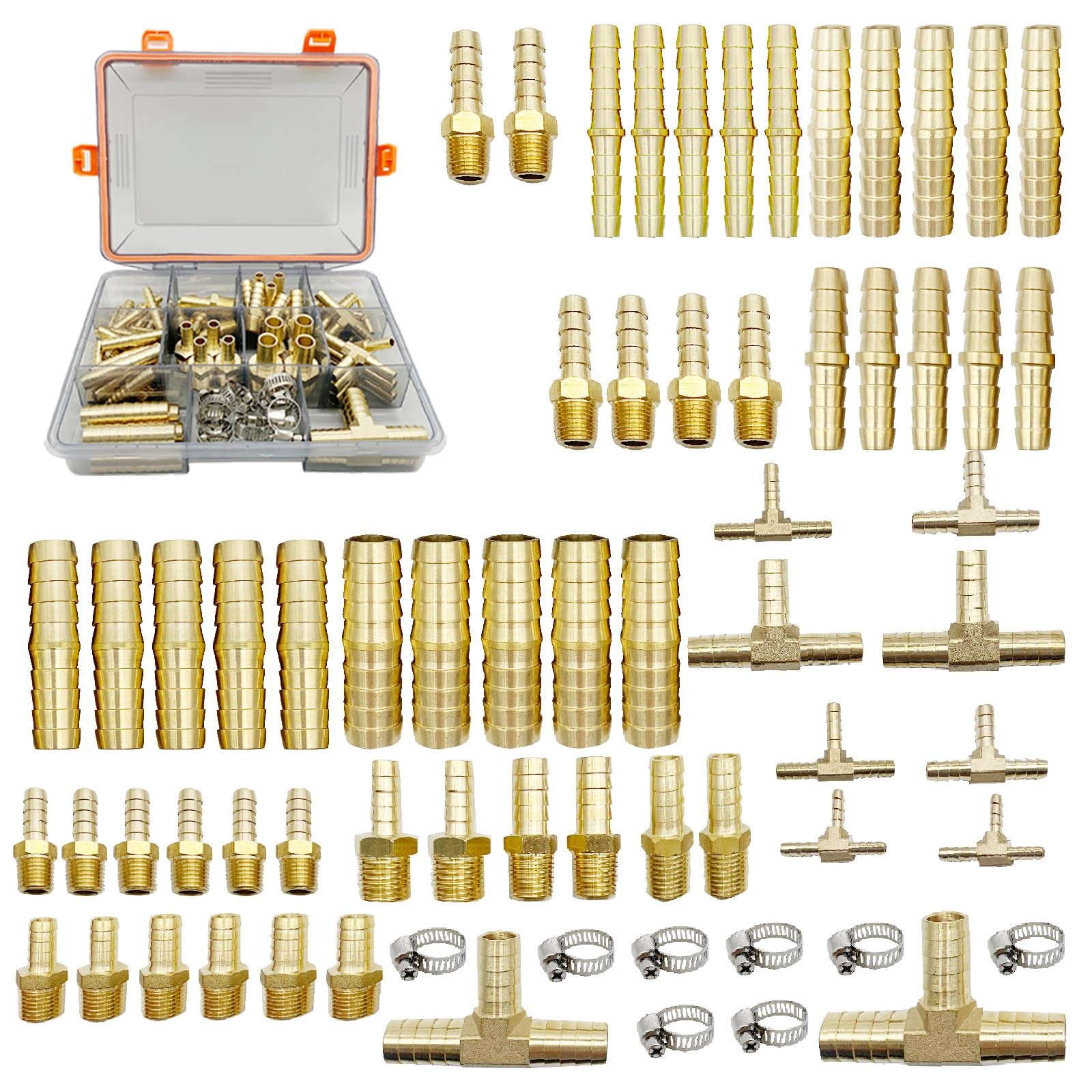 Hose Barb Fittings Assortment Kit Brass Barb Splicer 69 pcs 1/8" to 1/2"