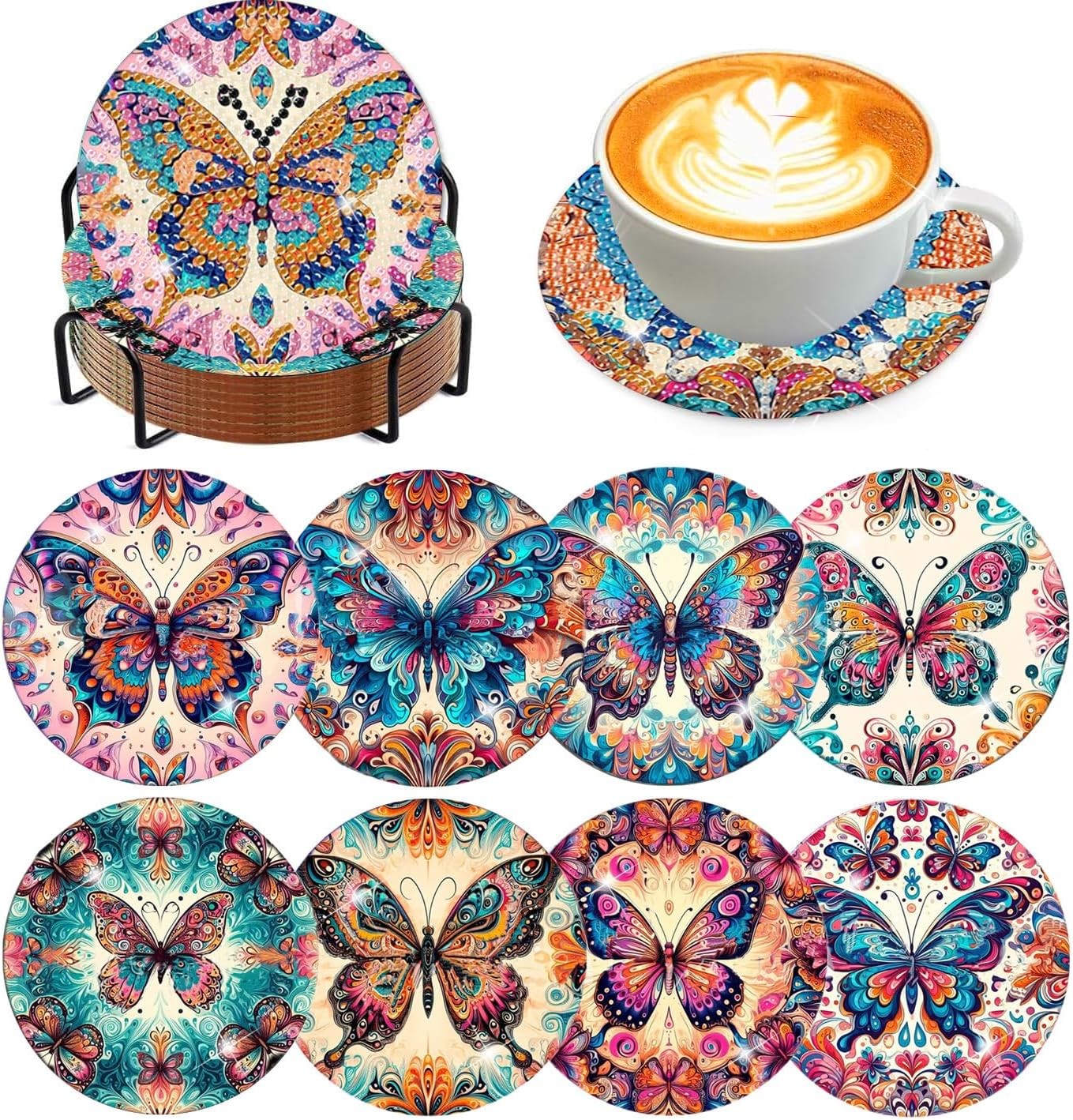 8 Pcs Diamond Art Coasters Kits for Adults 8 4x4in, Butterfly