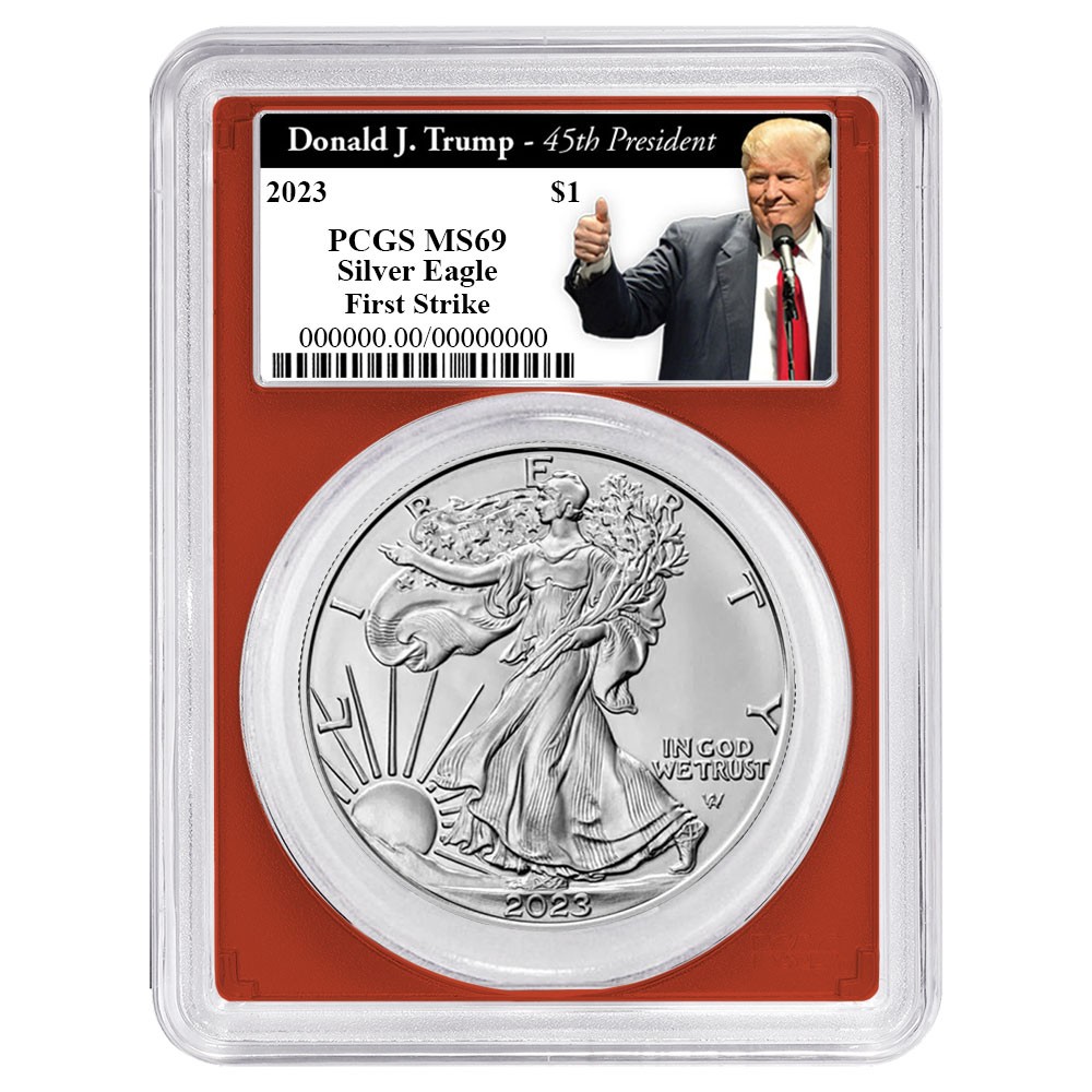 2023 $1 American Silver Eagle PCGS MS69 FS Trump 45th President Red Frame