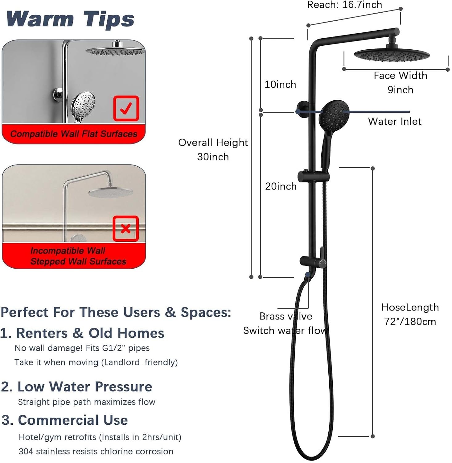 5-Function Retrofit Shower System Matte Black 9 Inch Rain Shower Head with