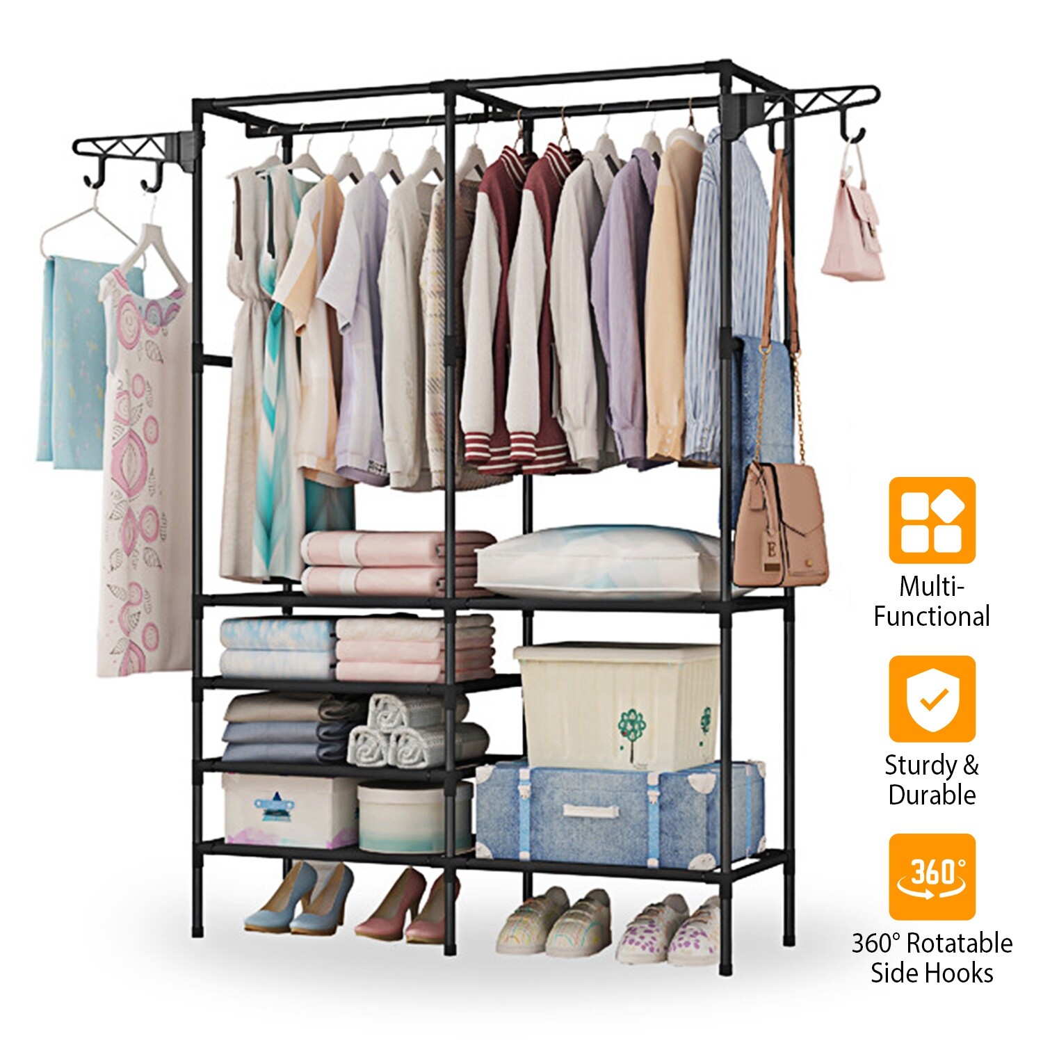 Heavy Duty Clothing Garment Rack Rolling Clothes Organizer Double Rails Hanging