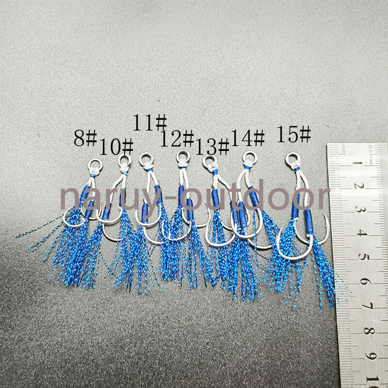 20 Pair Solid Ring Double Assist Barbed Hooks Blue Feather Fishing Slow Jig