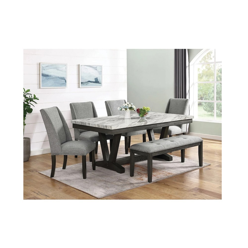 Elements Everdeen Upholstered Dining Bench Gray Fabric Nailhead D-4930-7-BN