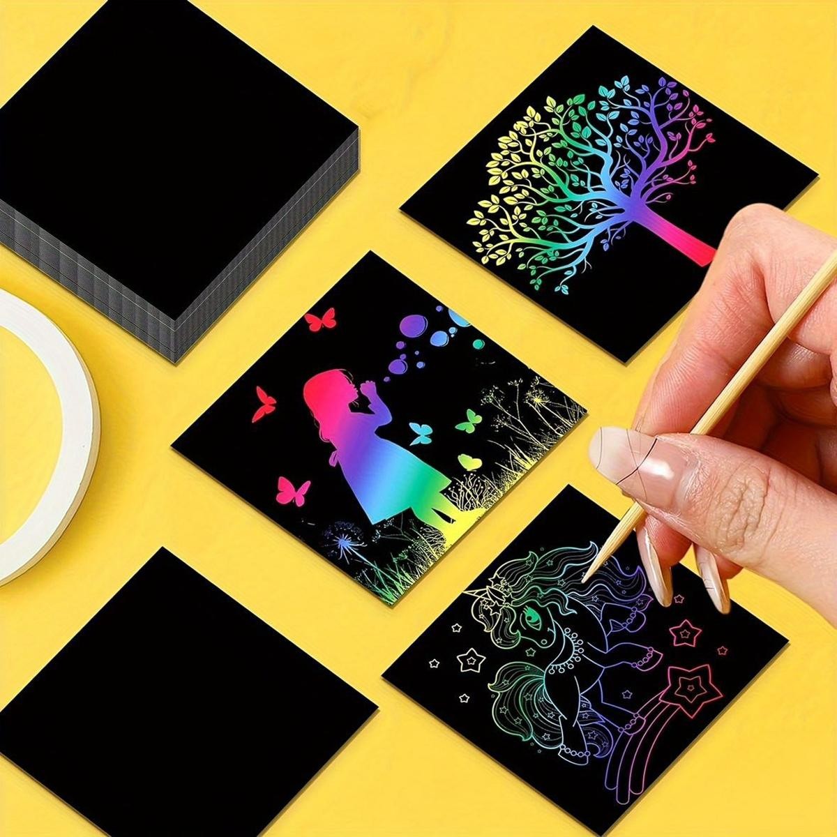 100pcs Scratch Paper Art Set Scratch Off Rainbow Magic Paper with 2 Bamboo Stylu