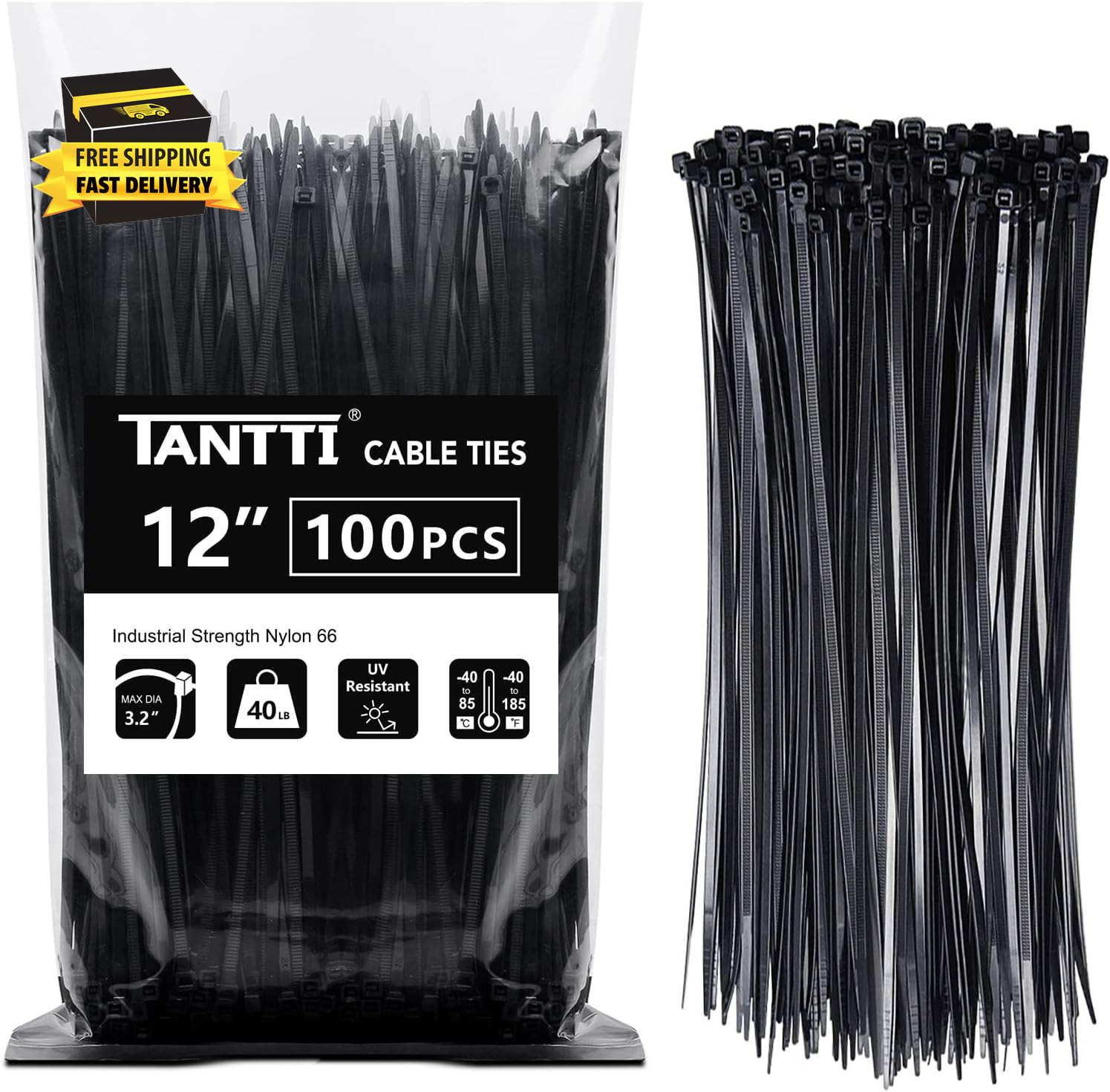 Zip Ties 12 Inch, Black Zip Ties 100 Pack, 40Lb, Cable Ties, Self-Locking Wire T
