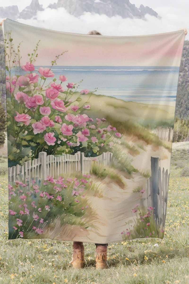 Watercolor Beach Flowers Coral Fleece Cozy Throw Blanket Farmhouse Elegant