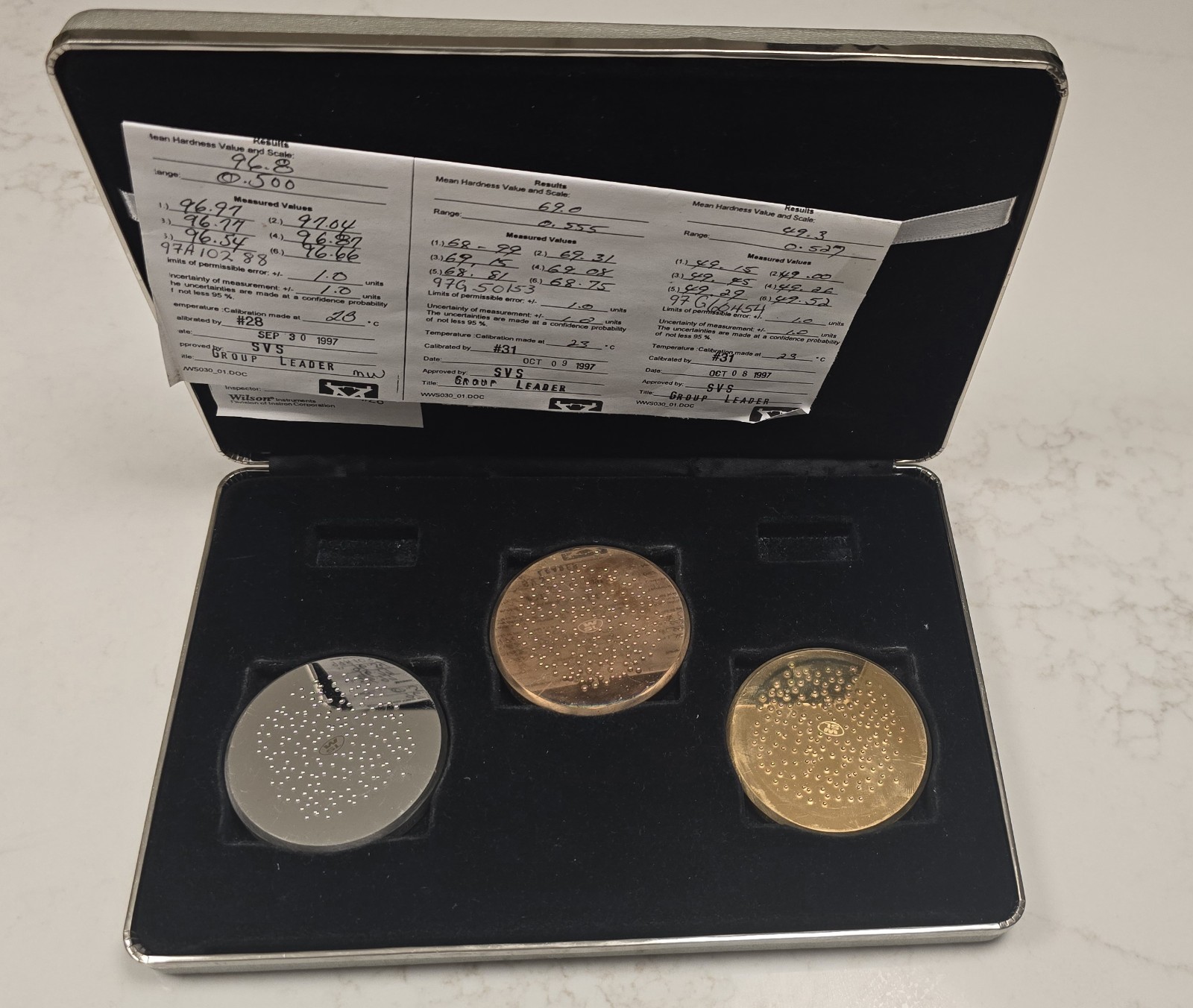 Wilson Rockwell Test Block Calibration Set 96.8, 69, 49.3 - CERTIFIED 260475