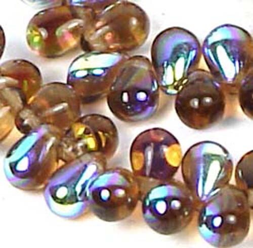 50 Czech Glass Teardrop Beads 6x4mm - Smoky Topaz AB moonstone