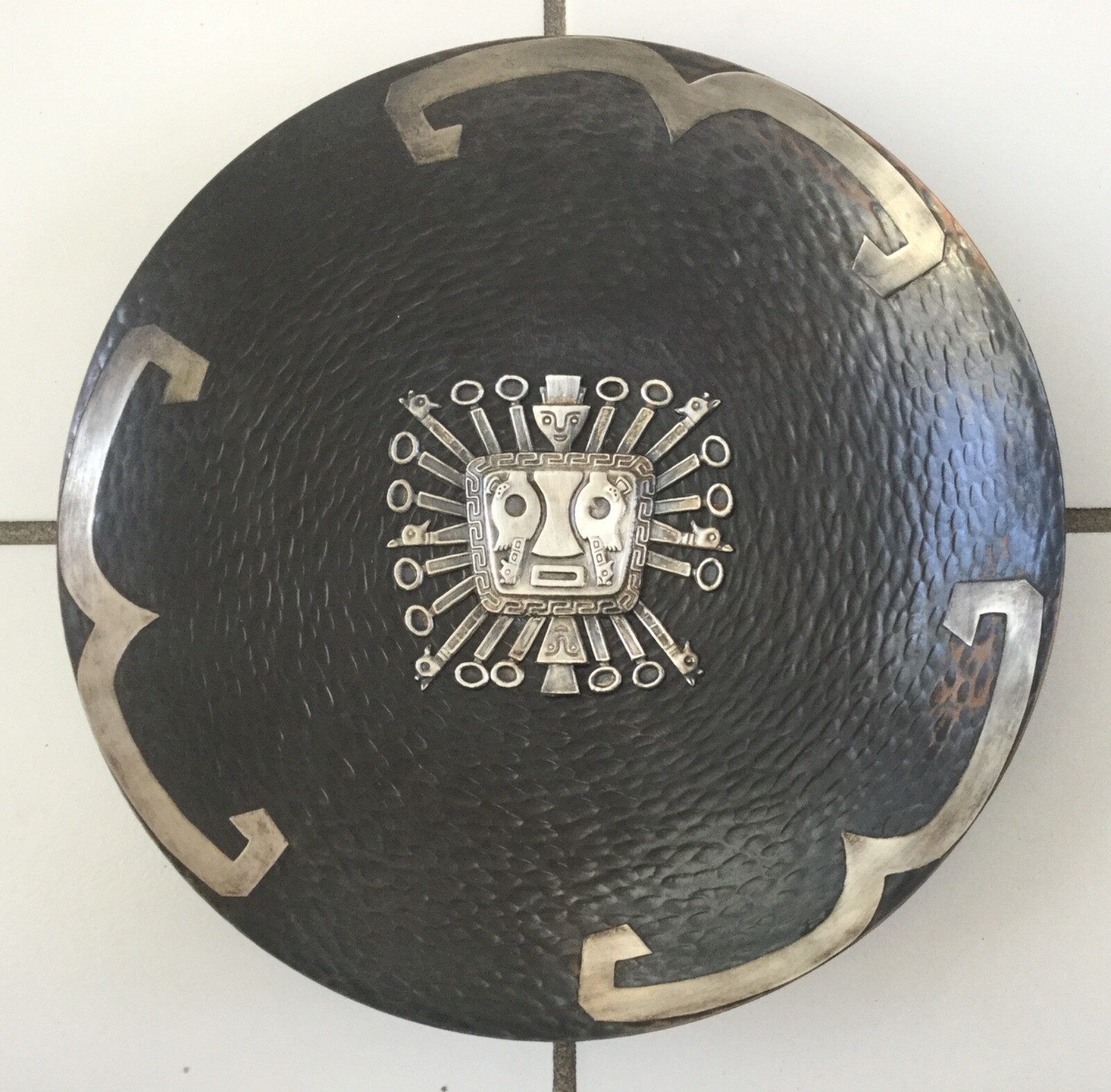 Vintage Peru 11.75" Hammered Copper Plate w/ sterling Silver Llama - Numbered