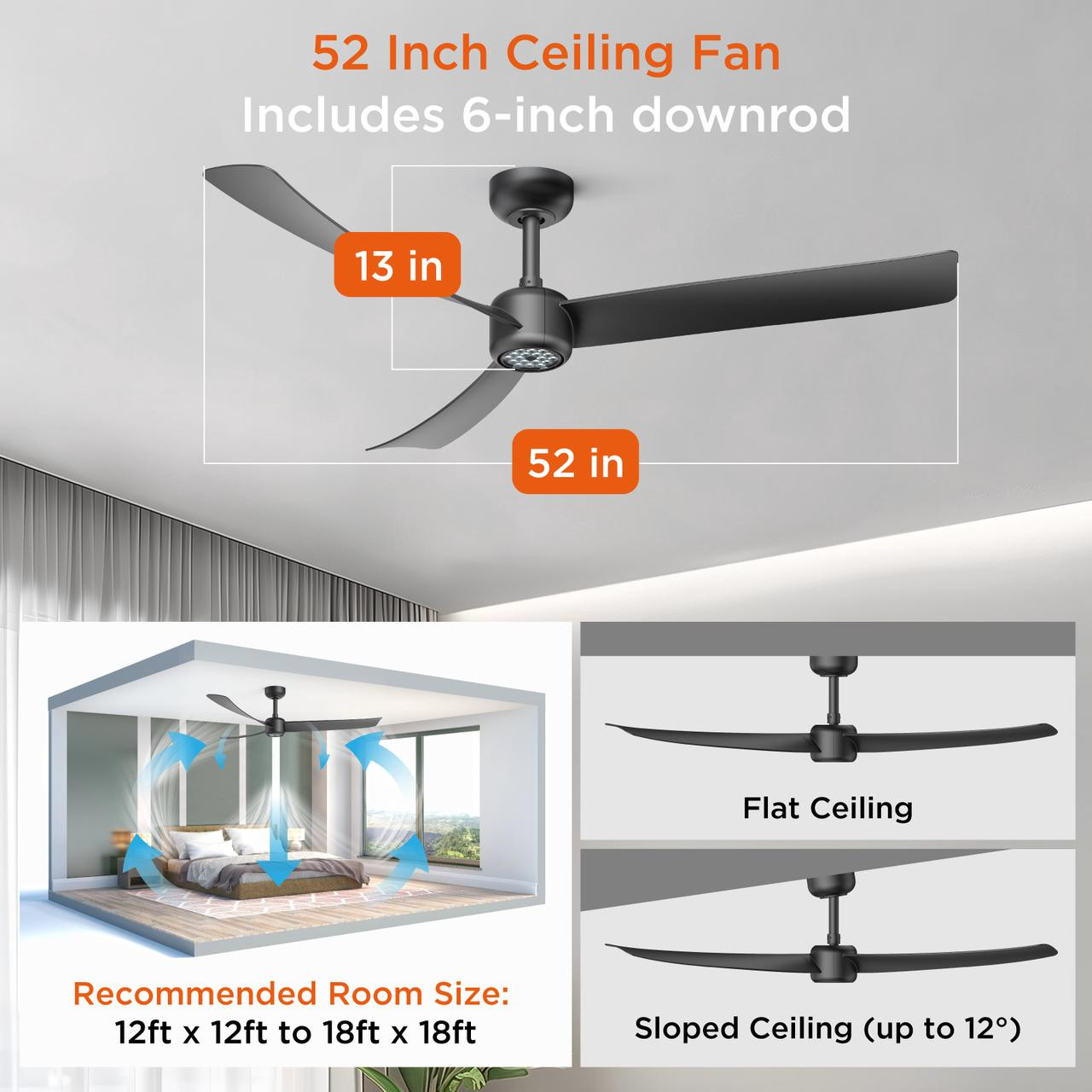 52"Ceiling Fans with Lights Led Remote Control Low Profile Flush Mount eversible