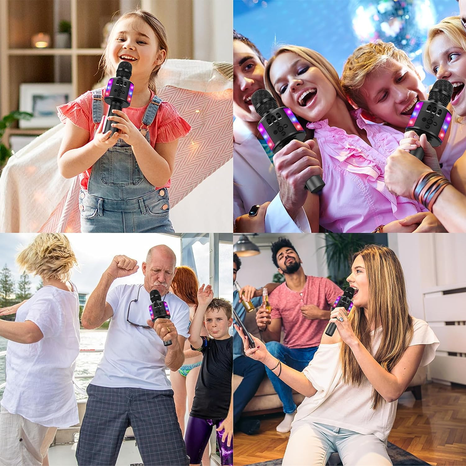Microfono De Karaoke Bluetooth Luces Disco Efecto Eco Portatil Para Niños Negro