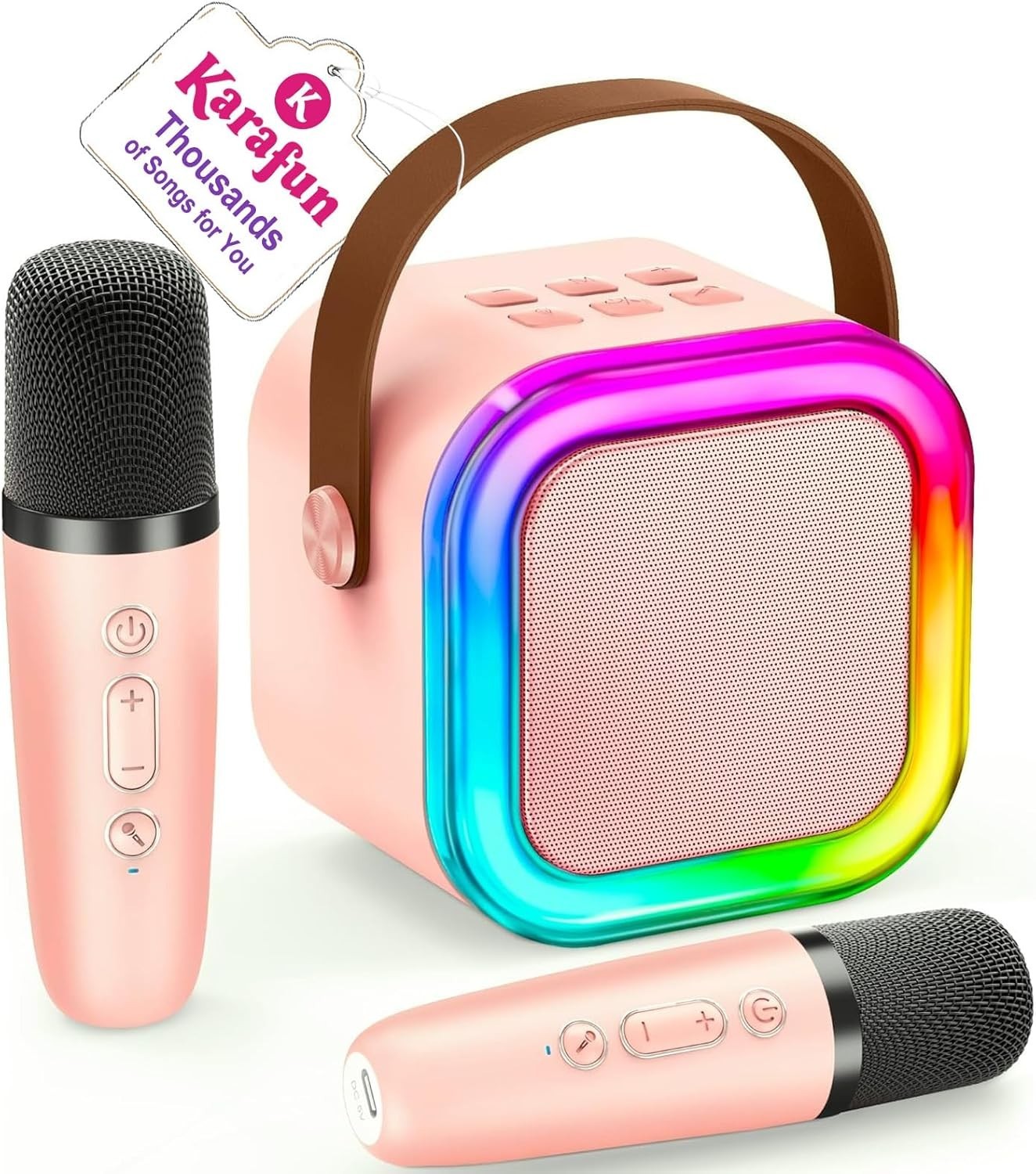 Portable Mini Karaoke Machine For Kids Bluetooth Speaker w/ 2 Wireless Mics Pink