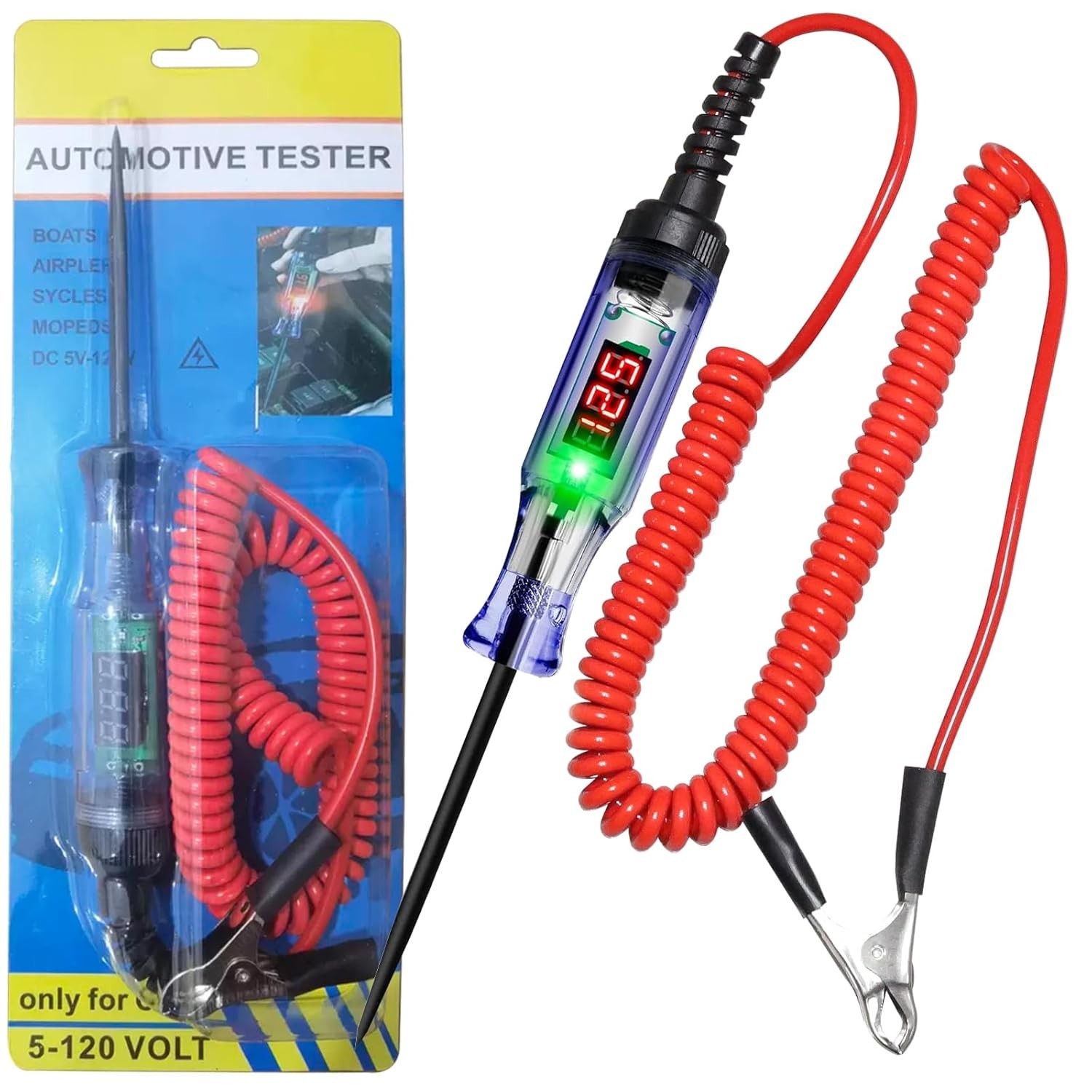 Automotive Digital Circuit Tester 5V-120V LED Voltage Probe with Clamp