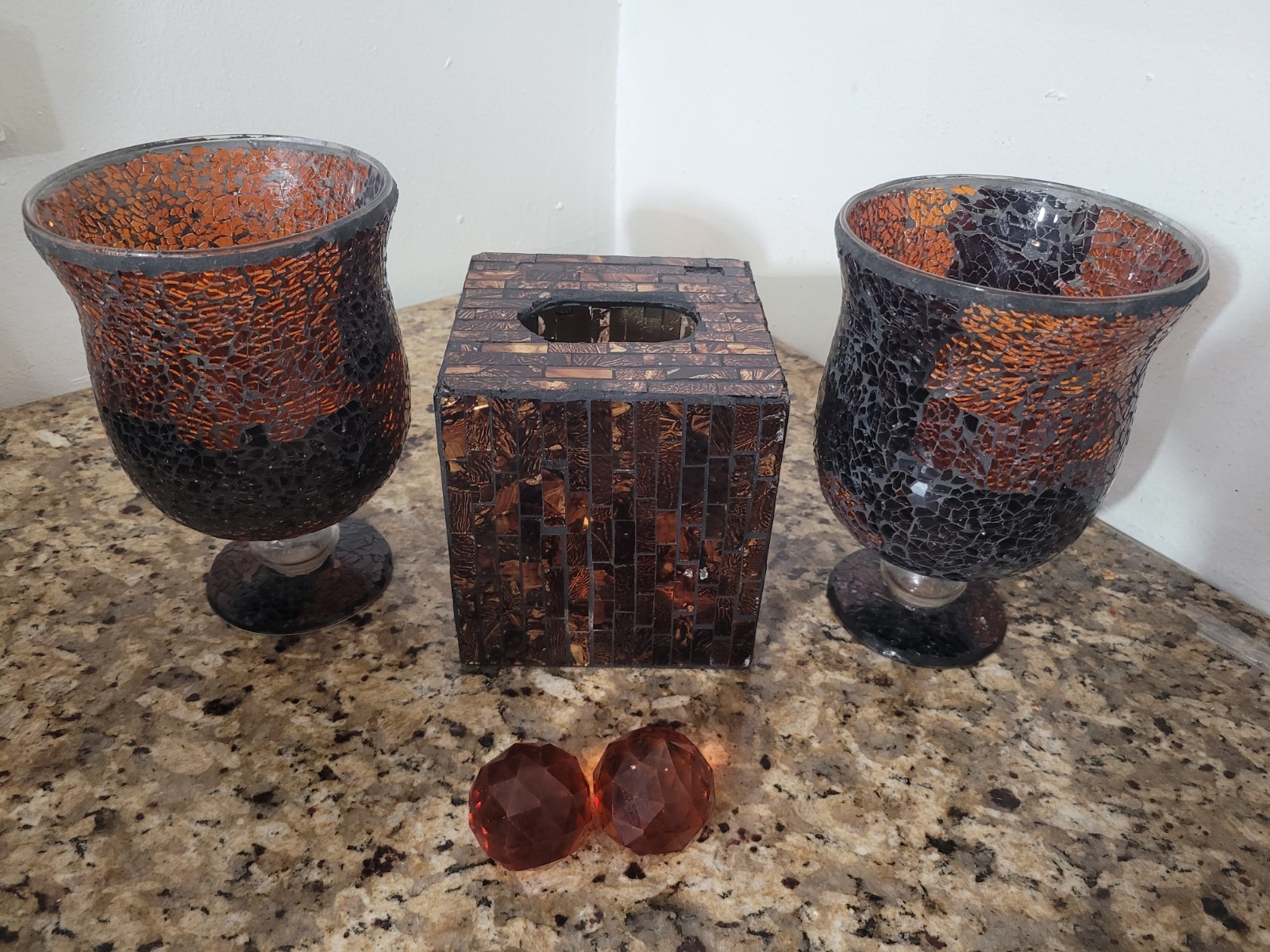 3 Pc Elements Amber Mosaic Crackle Glass Candle Holders & Tissue Box Cover Set