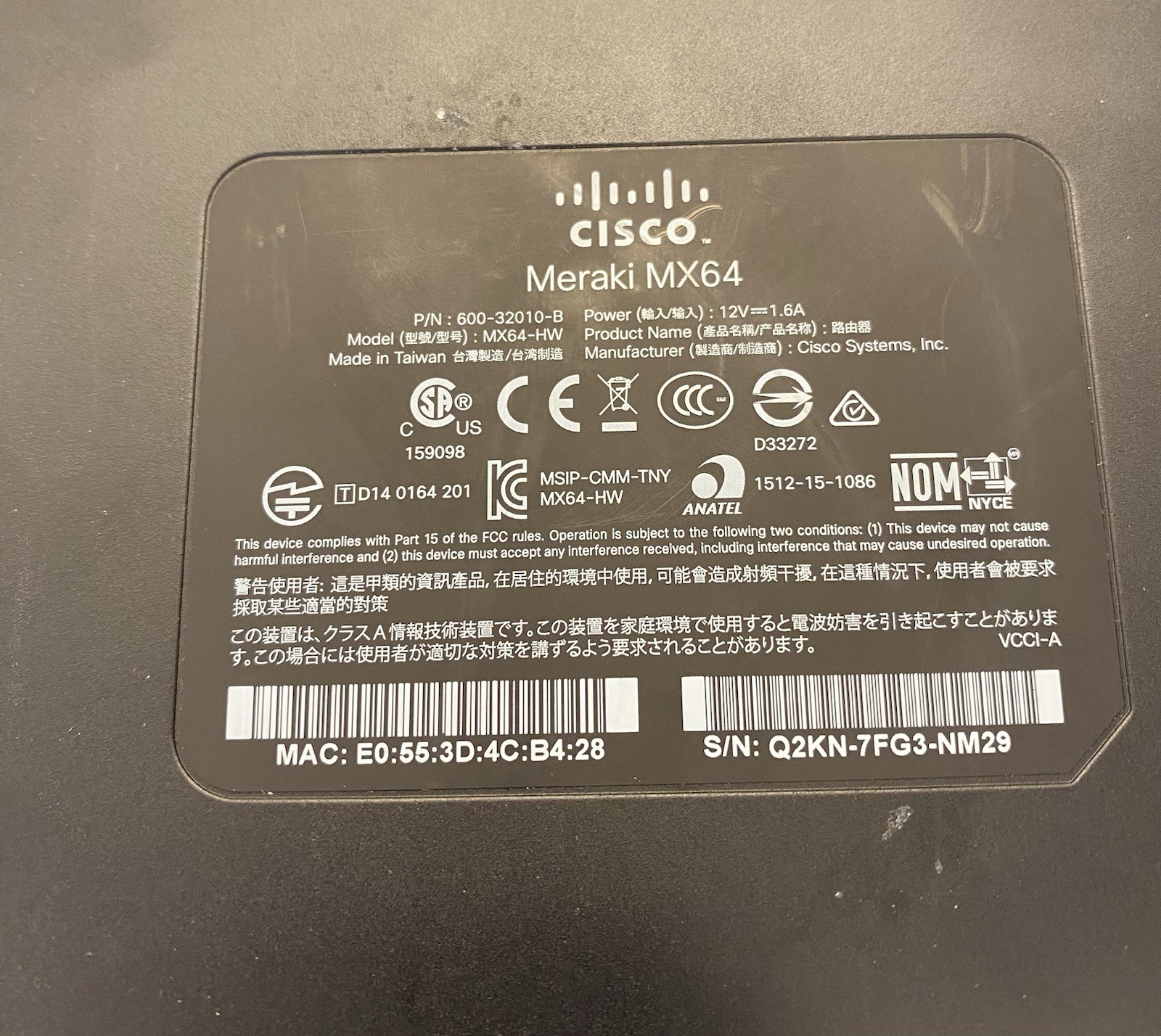Cisco Meraki MX64-HW Cloud Managed Firewall