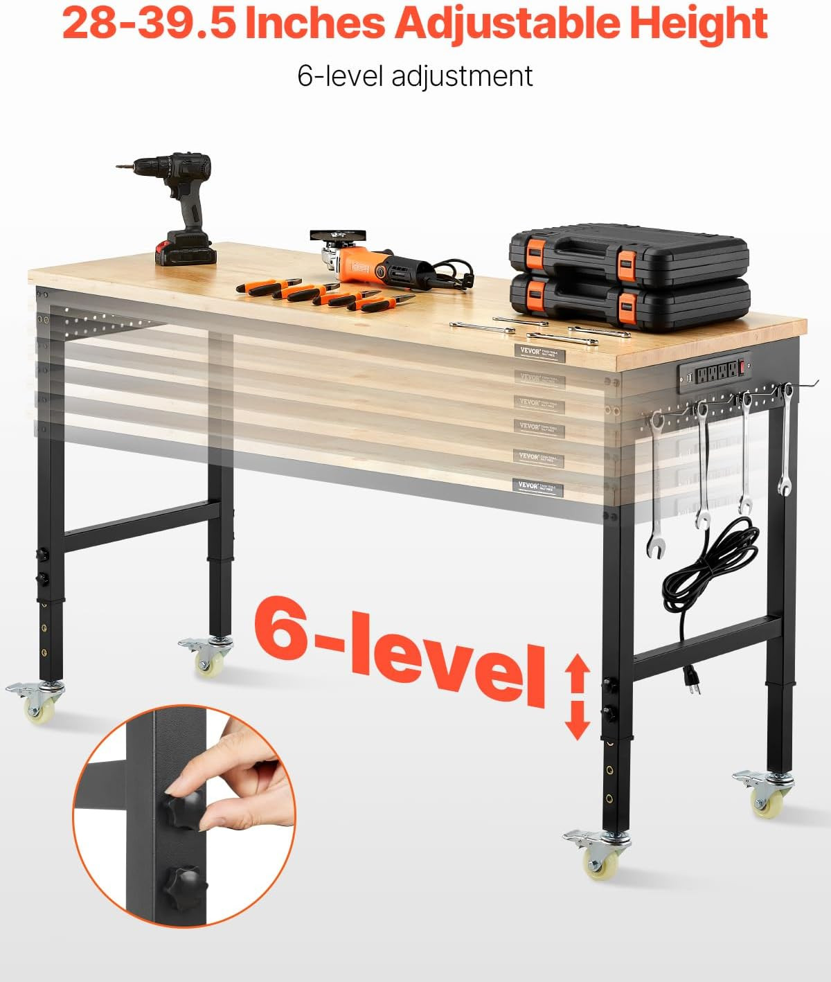 Adjustable Workbench, 60 Inch Work Bench with Power Outlet, Wheels, and Pegboard